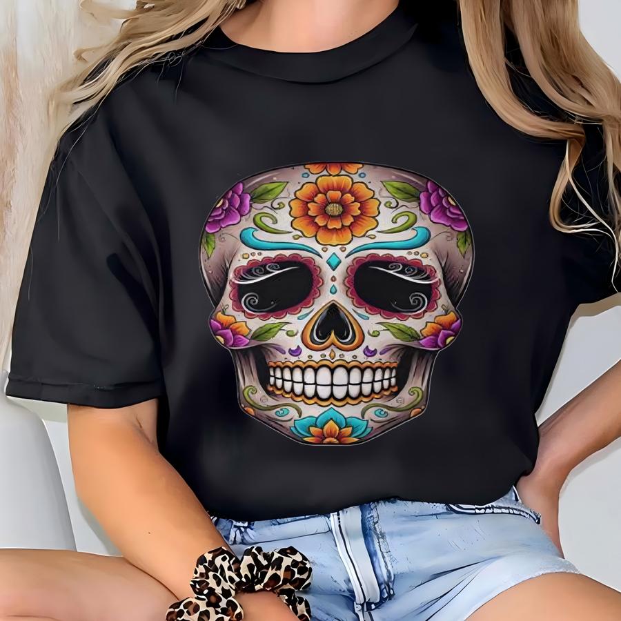 Colorful Sugar Skull Sweat, Day Of The Dead Graphic Tee, Floral Skull Hoodie, Mexican Dia De Los Muertos Festival Outfit Hoodie T-shirt