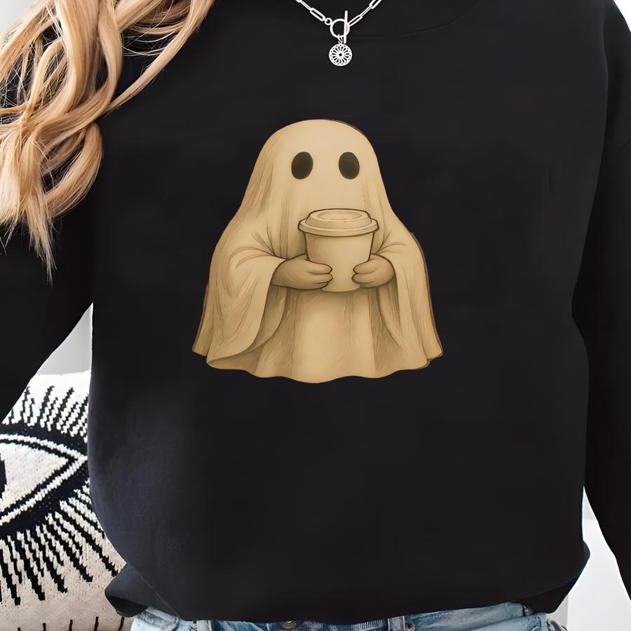 Retro Ghost With Coffee Shirt: Halloween Tee Sweatshirt