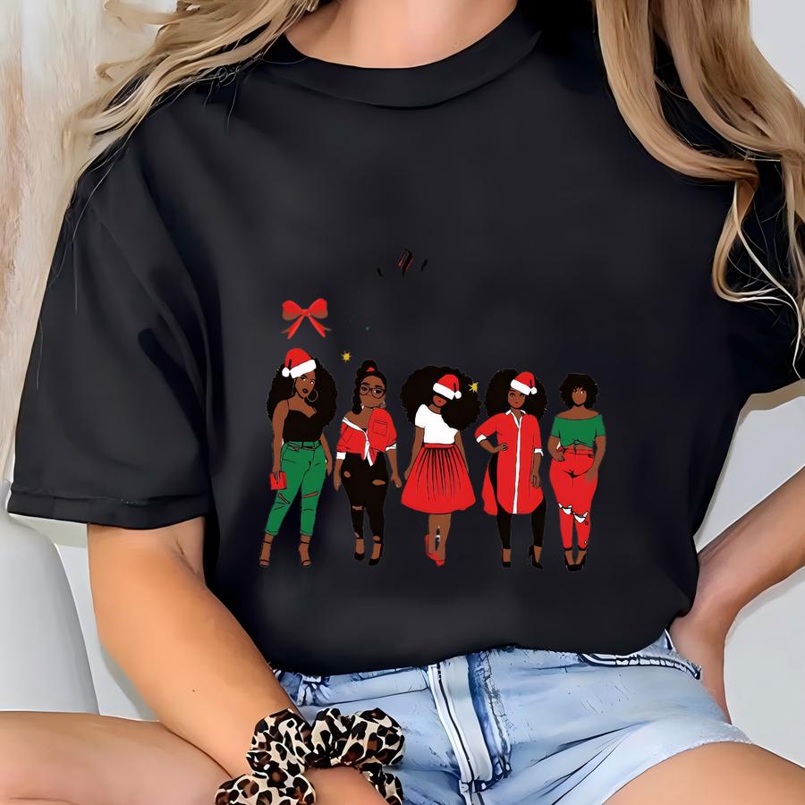 Merry Christmas Shirt, African American Woman Christmas Sweatshirt, Winter Holiday Sweater, Santa Black Girl Christmas Hoodie T-shirt