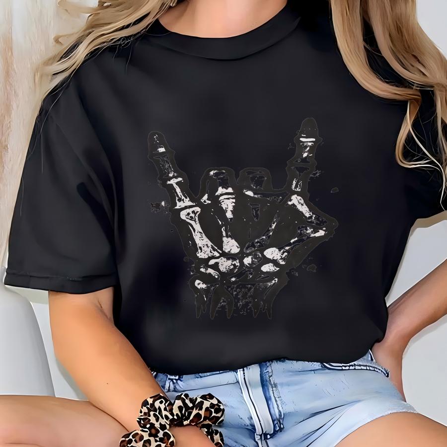 Skeleton Rock Hand Shirt | Halloween Gothic Metal Tee | Adult And Youth Sizes T-shirt