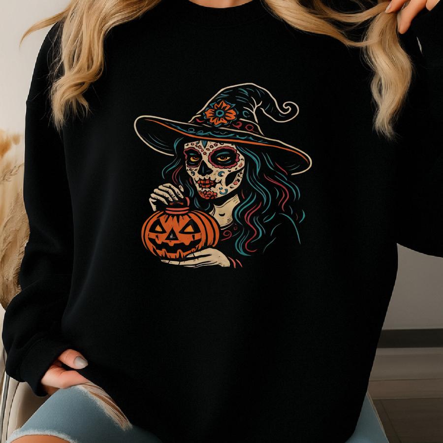 Sugar Skull Witch Halloween Shirt | Day Of The Dead Pumpkin Tee | Adult And Youth Sizes Sweatshirt