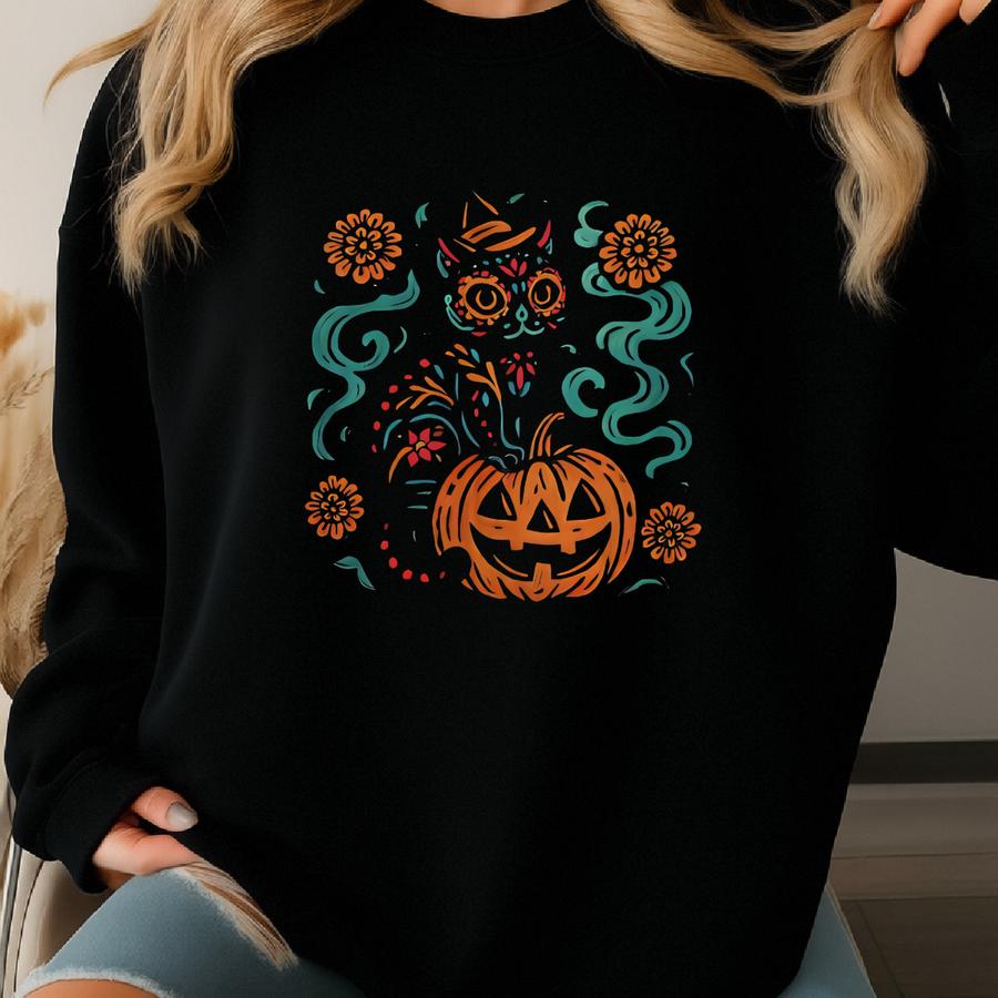 Sugar Skull Cat Halloween Shirt | Day Of The Dead Pumpkin Tee | Adult And Youth Sizes Sweatshirt