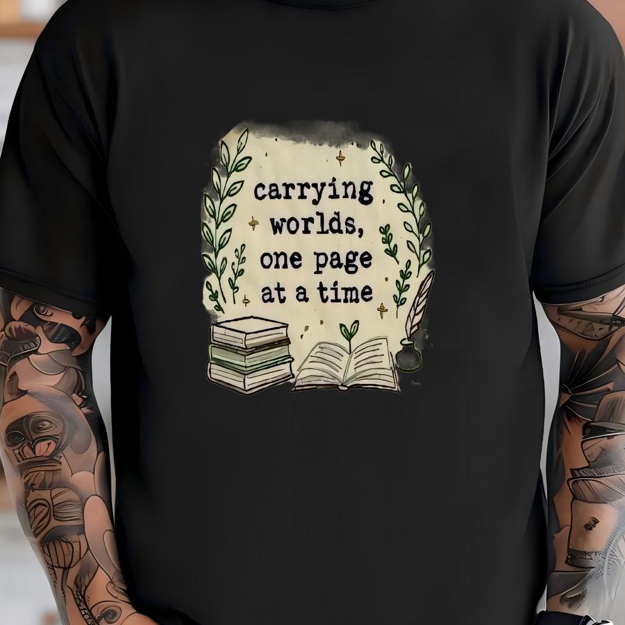 “carrying Worlds, One Page At A Time” Canvas Tee - Book Lover , Custom T-shirt