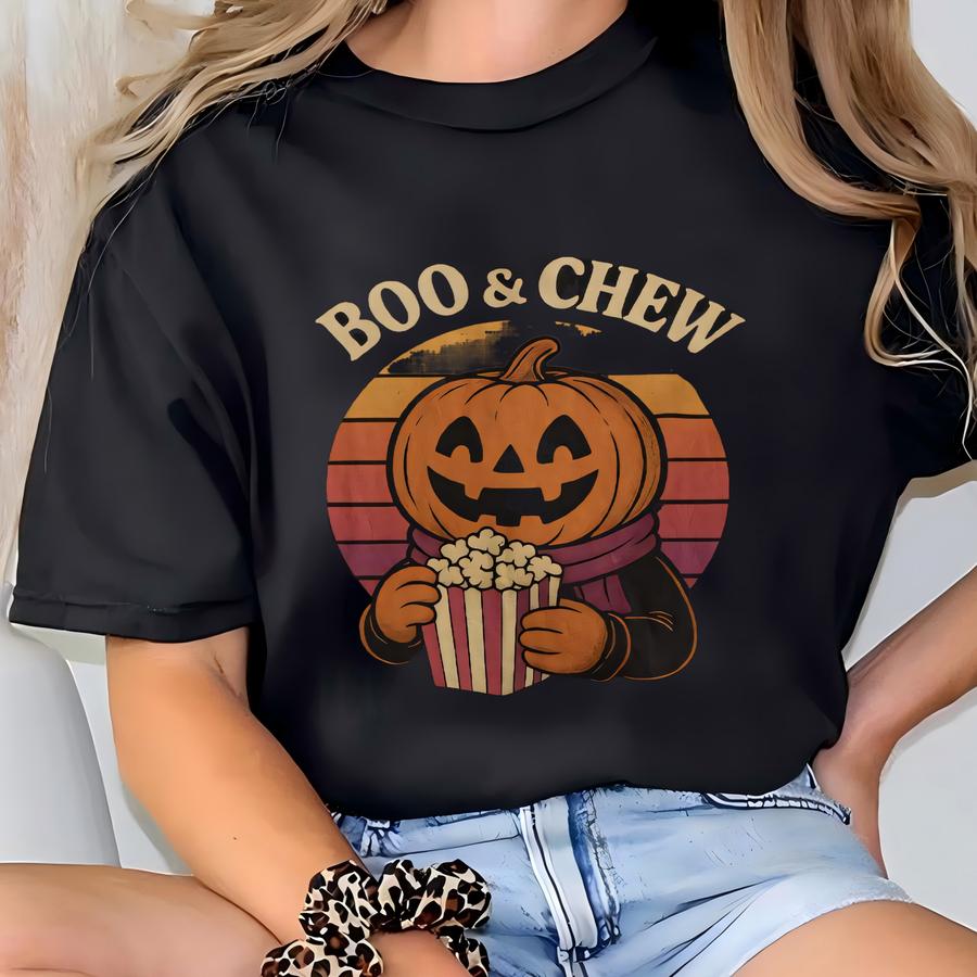 Boo And Chew Halloween Shirt | Retro Pumpkin Popcorn Tee | Adult And Youth Sizes T-shirt