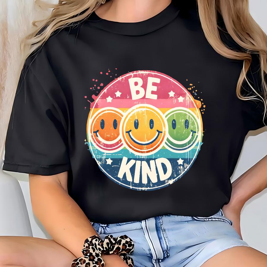® Be Kind Shirt · Retro Face Graphic Tee · Vintage 70s Rainbow Positivity Kindness Aesthetic Hoodie T-shirt