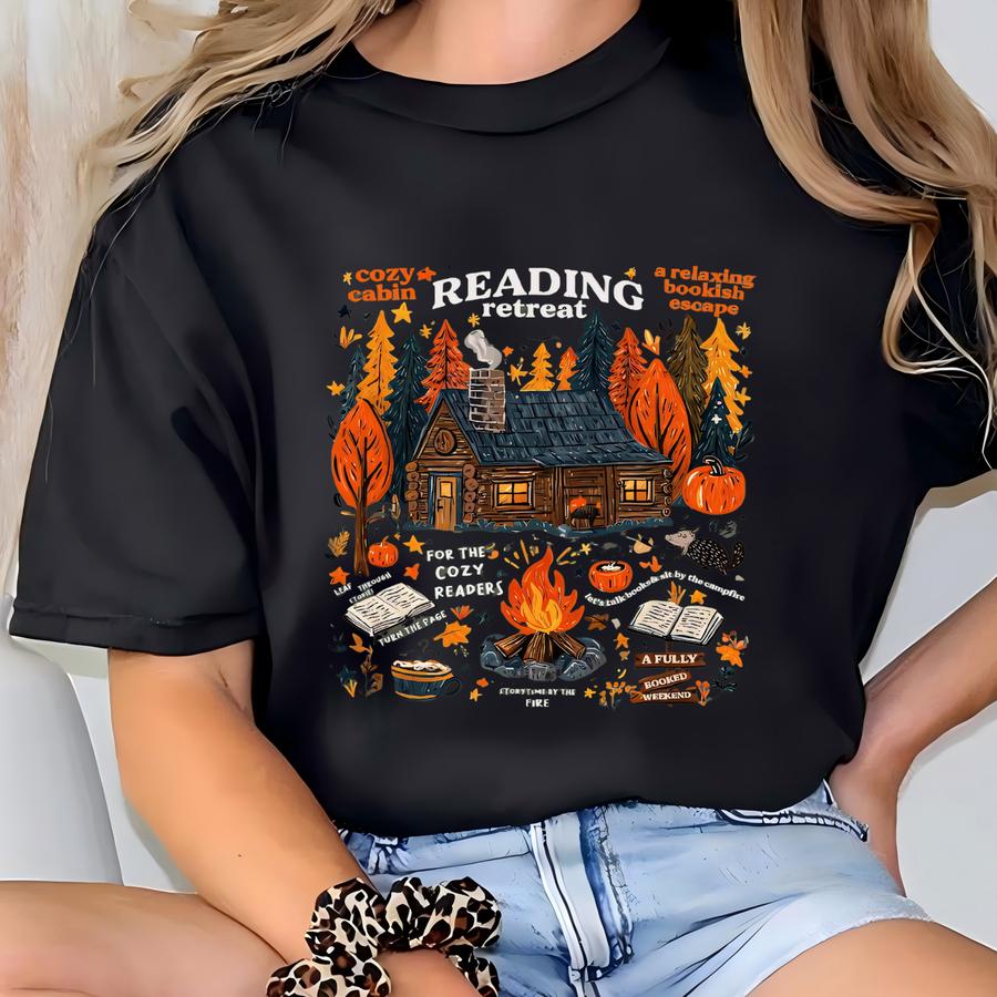 Cozy Cabin Reading Retreat Sweatshirt, Fall Bookish Sweatshirt, Autumn Cozy Readers Hoodie, Gift For Book Lover, Pumpkin Spice Book Sweater T-shirt