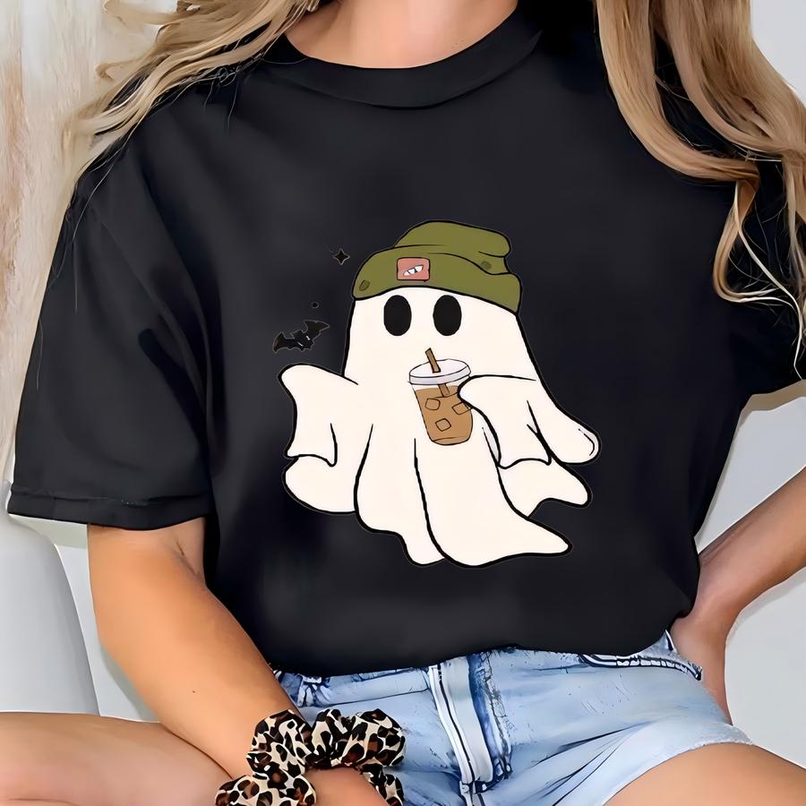 Halloween Ghost Drinking Iced Coffee Sweatshirt, Caffeine Addiction Shirt, Halloween Coffee Shirt, Coffee Lover Gift, Halloween Gift T-shirt
