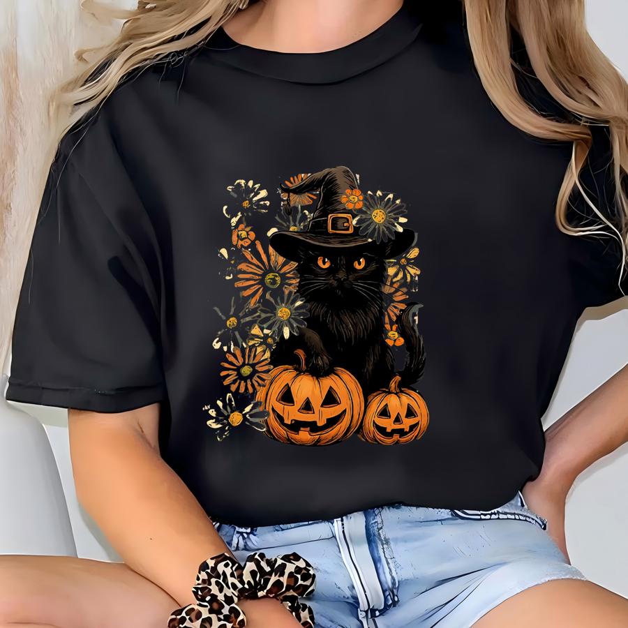 Black Cat Pumpkin Sweatshirt, Halloween Sweatshirt, Black Cat Halloween Hoodies, Retro Halloween Sweatshirt, Cat Mom Halloween Gift T-shirt