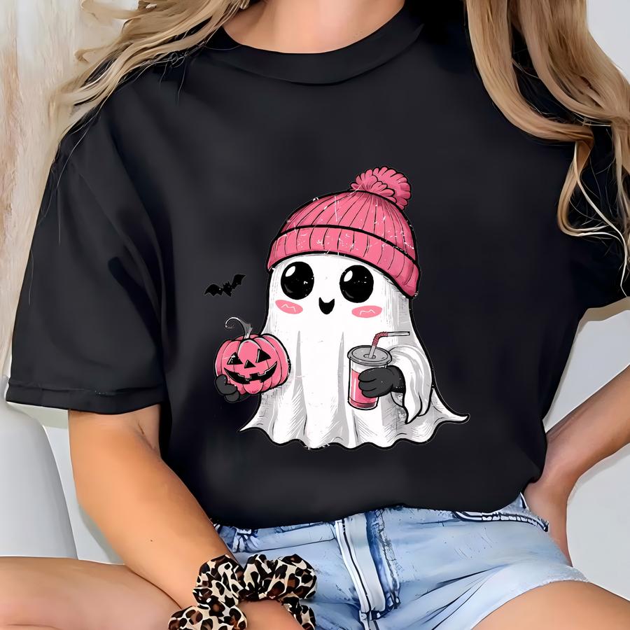 Pink Ghost Drinking Coffee Sweatshirt, Ghost Ice Coffee, Spooky Season, Fall Coffee Lover Hoodie, Halloween Pumpkin Shirt, Cute Ghost Shirt T-shirt