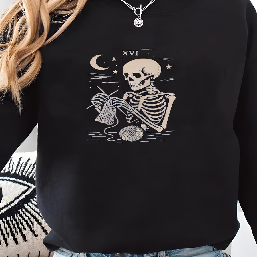 Skeleton Knitting Crewneck Sweatshirt - Unisex Cozy Sweater, Fall Fashion, Unique Gift, Halloween Apparel, The Midnight Knitter Sweatshirt