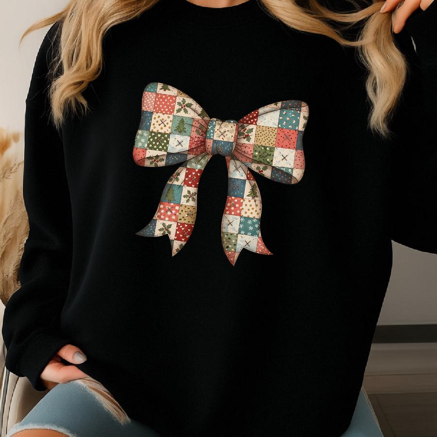 Patchwork Bow Christmas Sweatshirt, Coquette Bow Christmas Shirt, Retro Quilt Bow Holiday Crewneck, Vintage Patchwork Bow Christmas Shirt, Sweatshirt