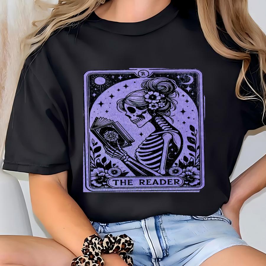 The Reader Tarot Card Sweatshirt, Skeleton Reading Shirt, Book Lover Sweater, Witchy Librarian Sweatshirt, Book Club Shirt T-shirt