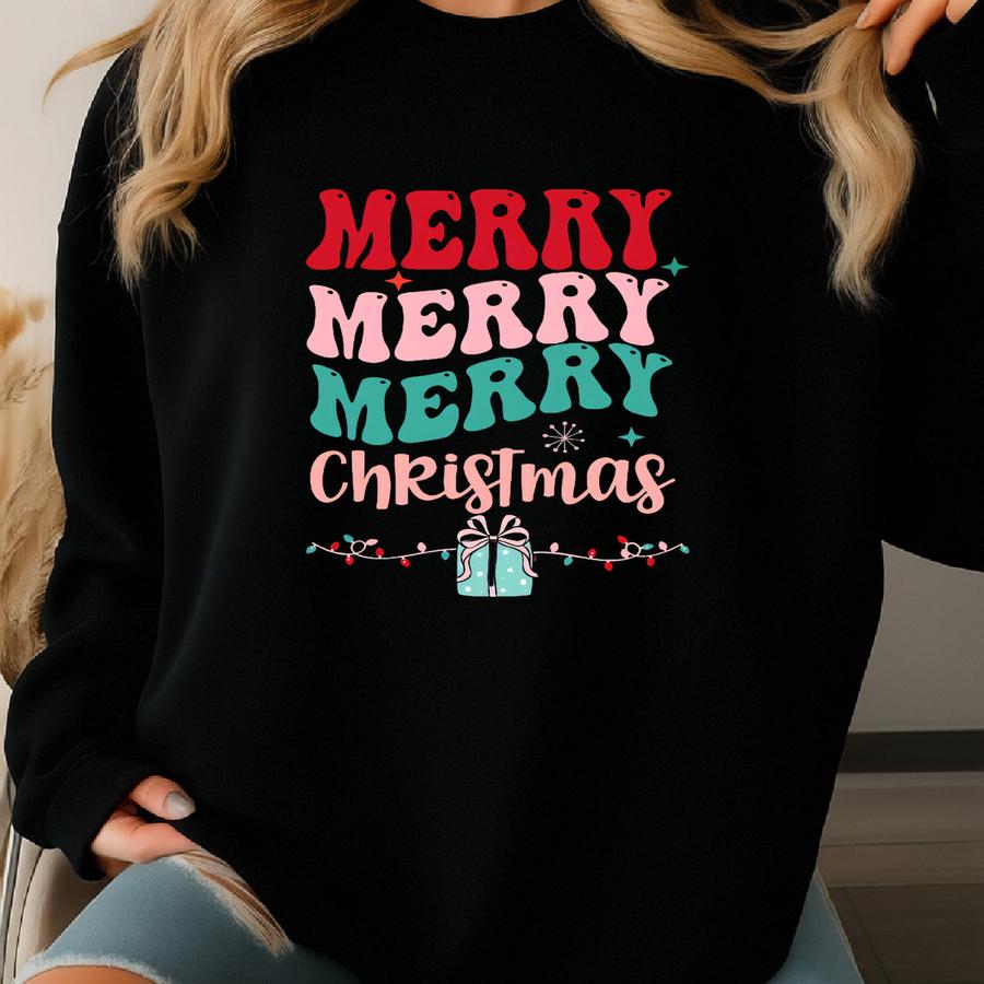 Merry, Merry, Merry Christmas With Lights Present Bow – Gildan Sweatshirt, Holiday Shopping, Family Gathering, Christmas Morning, Caroling Sweatshirt