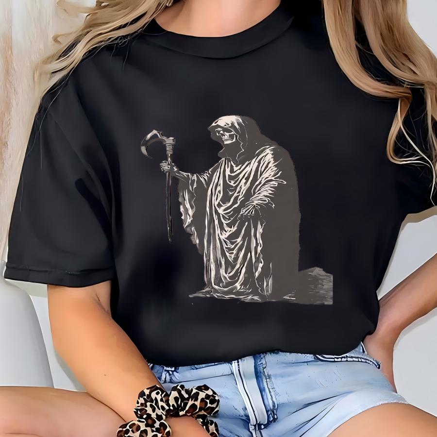 Grim Reaper Skeleton Graphic T Shirt Dark Gothic Death Scythe Skull Art Horror Halloween Shirt Skeleton Reaper Shirt Unique Gift T-shirt