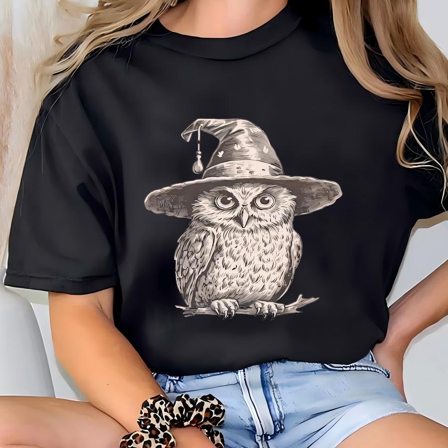 Wizard Owl Graphic Shirt Halloween Animal Lover Tee Cute Witch Hat Owl Drawing Fall Fashion Magic Bird Tshirt Casual Gift T-shirt