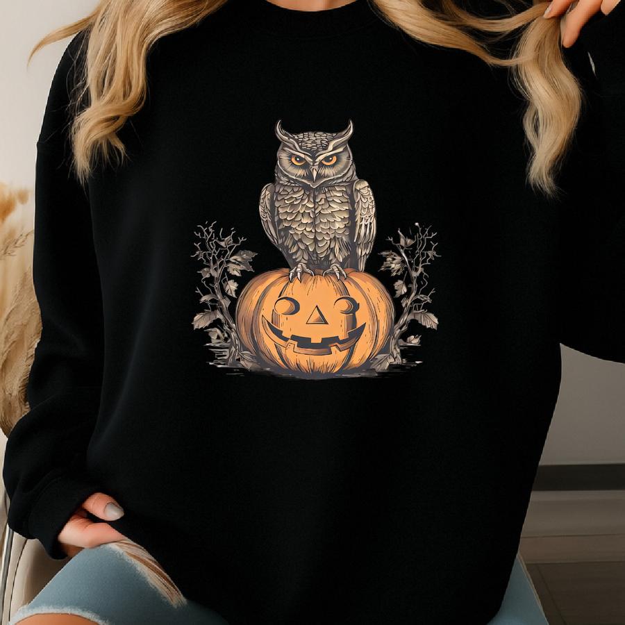 Halloween Owl On Pumpkin Jack O Lantern Graphic Shirt Fall Autumn Spooky Owl T Shirt Halloween Party Animal Lover Tee Shirt Sweatshirt