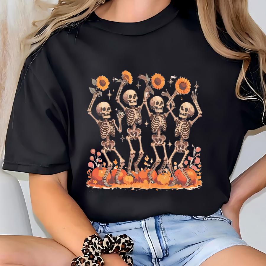 Dancing Skeletons With Suowers And Pumpkins Graphic Fall Halloween T Shirt Skeleton Floral Autumn Shirt Spooky Season Tee T-shirt