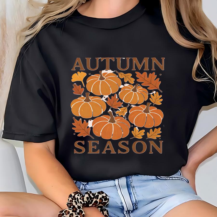 Autumn Season Pumpkin Graphic T Shirt Cute Fall Pumpkins And Leaves Graphic Tee Autumnal Thanksgiving Harvest Shirt Cozy Fall Top T-shirt