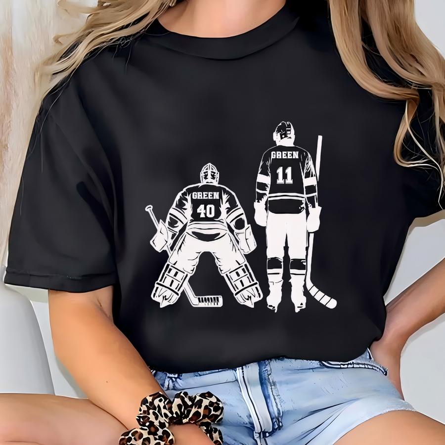 Custom 2 Player Hockey Dad Shirt Brothers 2-sided Hockey Shirt Game Day Apparel Hockey Father Gift Personalized Hockey Goalie Skater T Shirt T-shirt