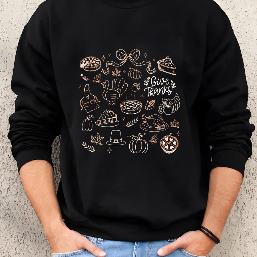 Thanksgiving Doodle Shirt, Give Thanks Tshirt, Fall Thankful Tee, Women's Autumn Gift, Pumpkin Pie Shirt, Fall Harvest Tee Sweatshirt