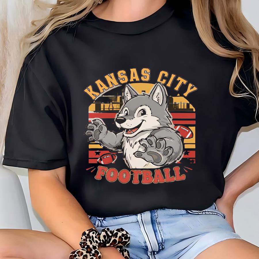 Throwback Kansas City Wolf Skyline Football Shirt, Vintage Kc Skyline Sweatshirt, Retro Kansas City Wolf Mascot Football Hoodie T-shirt
