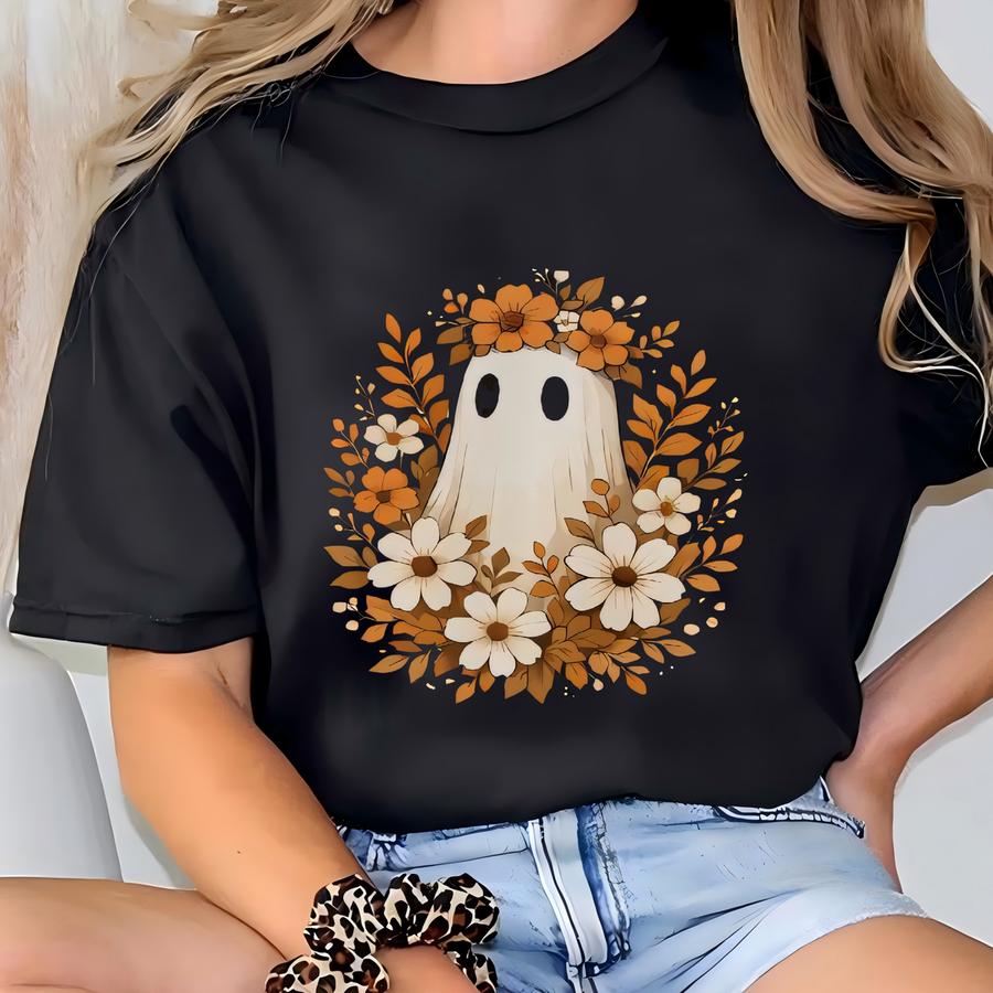 Cute Ghost In Wildflower Halloween Sweatshirt: Spooky Season Sweaters For Women, Floral Retro Boo Hoodie T-shirt