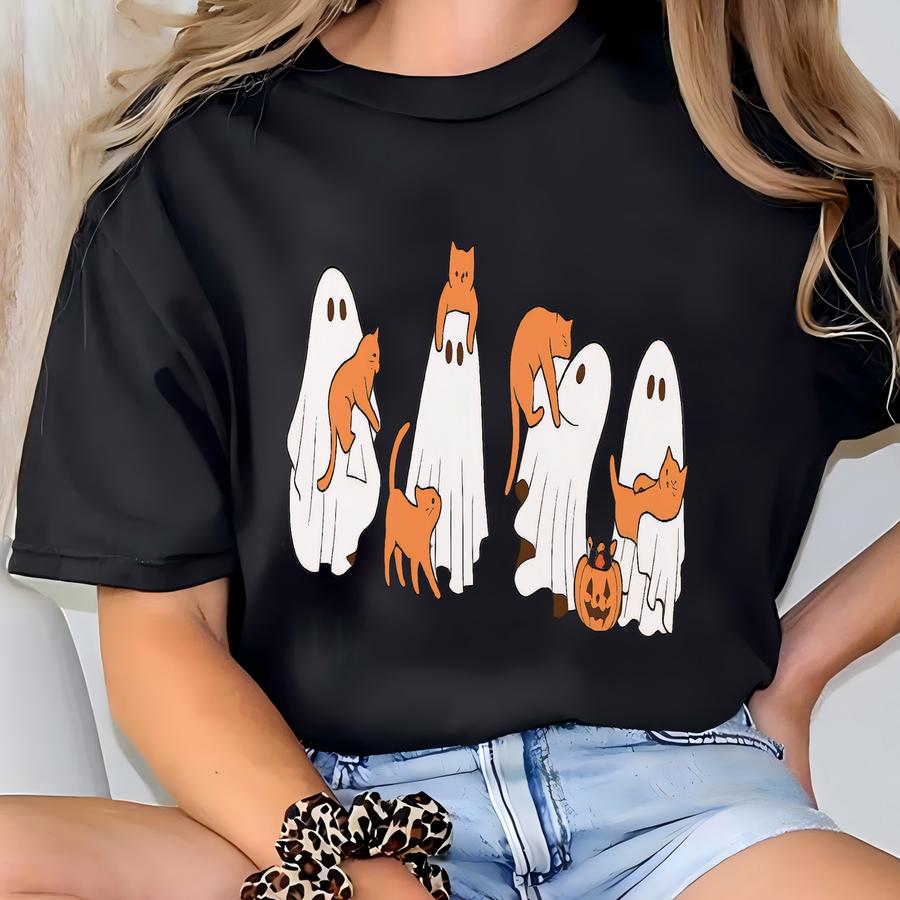 ® Ghost And Cat Hoodie, Halloween Ghost Cat Shirt, Spooky Orange Cat Shirt, Cat Lover Halloween Gift, Spooky Season Cat Shirt T-shirt