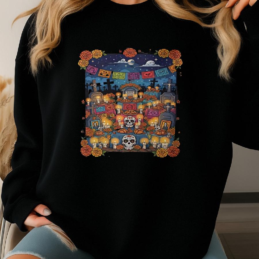 Día De Los Muertos Hoodie: Sugar Skull Altar, Mexican Folk Art Sweatshirt