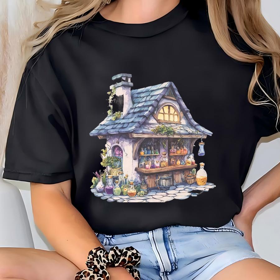 Cottagecore Alchemist Potions Shop Graphic T Shirt Magical Apothecary House Aesthetic Cute Fantasy Tee Witchy Shirt Fairycore Gift T-shirt