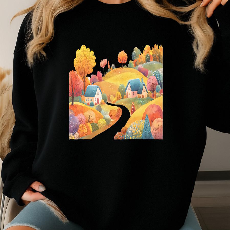 Autumn Landscape Graphic Tee: Countryside Cottage Scene, Cozy Nature Art Sweatshirt