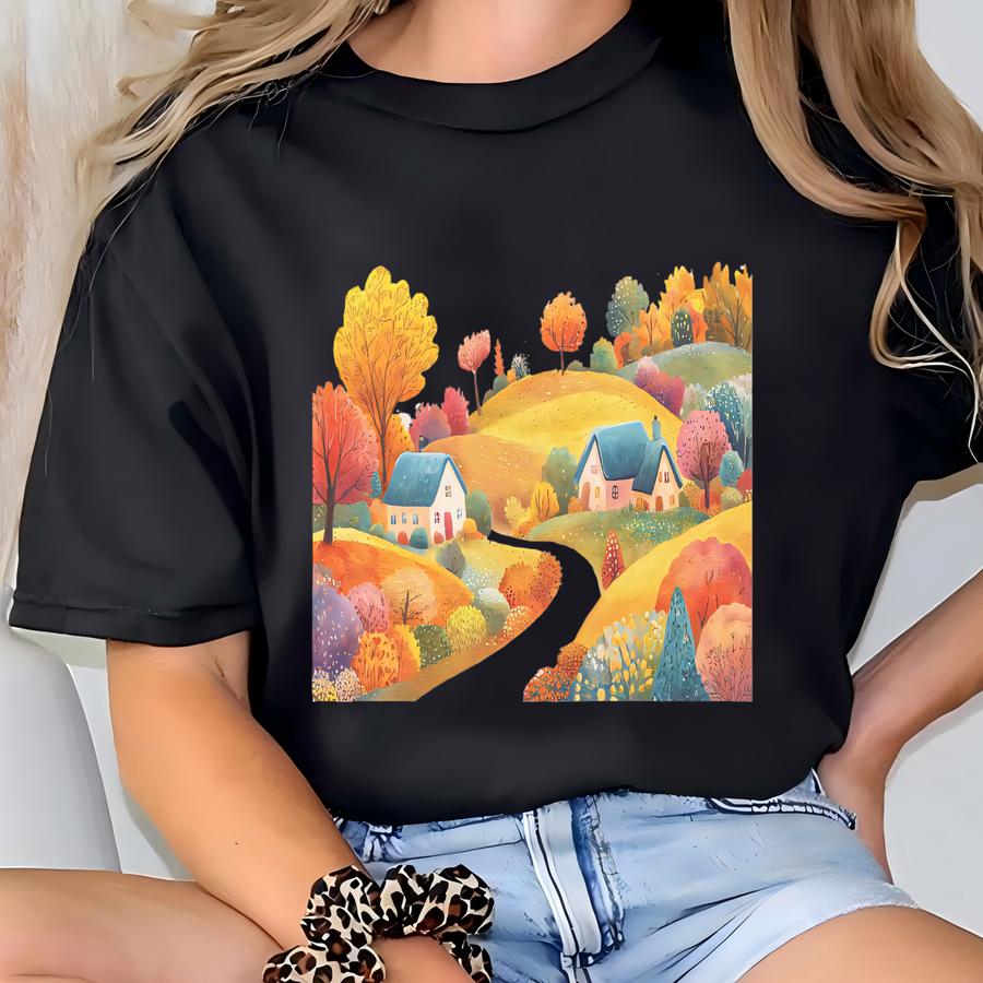 Autumn Landscape Graphic Tee: Countryside Cottage Scene, Cozy Nature Art T-shirt