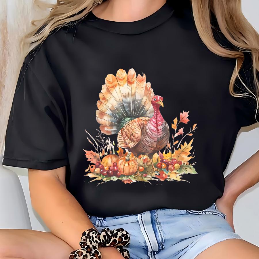 Thanksgiving Turkey Graphic Tee Watercolor Autumn Fall Shirt Pumpkin Leaves Harvest T Shirt Holiday Outfit Gobble Shirt Gift T-shirt