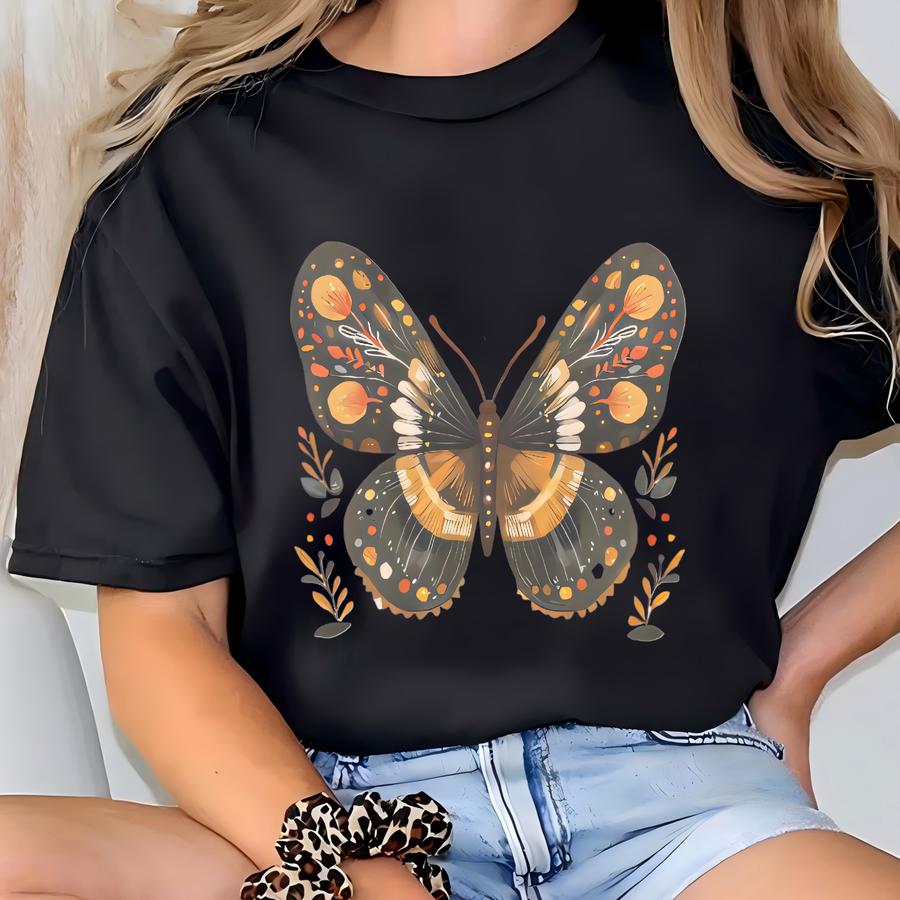 Botanical Butterfly Art Graphic T Shirt Nature Inspired Eco Colors Shirt Earthy Floral Insect Tee Summer Garden Shirt Hand Drawn Butterfly T-shirt