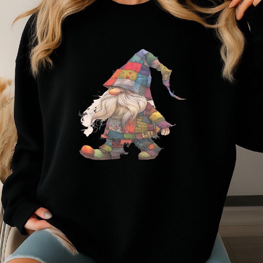 Colorful Patchwork Gnome Graphic Shirt Walking Gnome Illustration Art Tees Whimsical Fall Nordic Dwarf T Shirt Gift For Gnome Lovers Sweatshirt