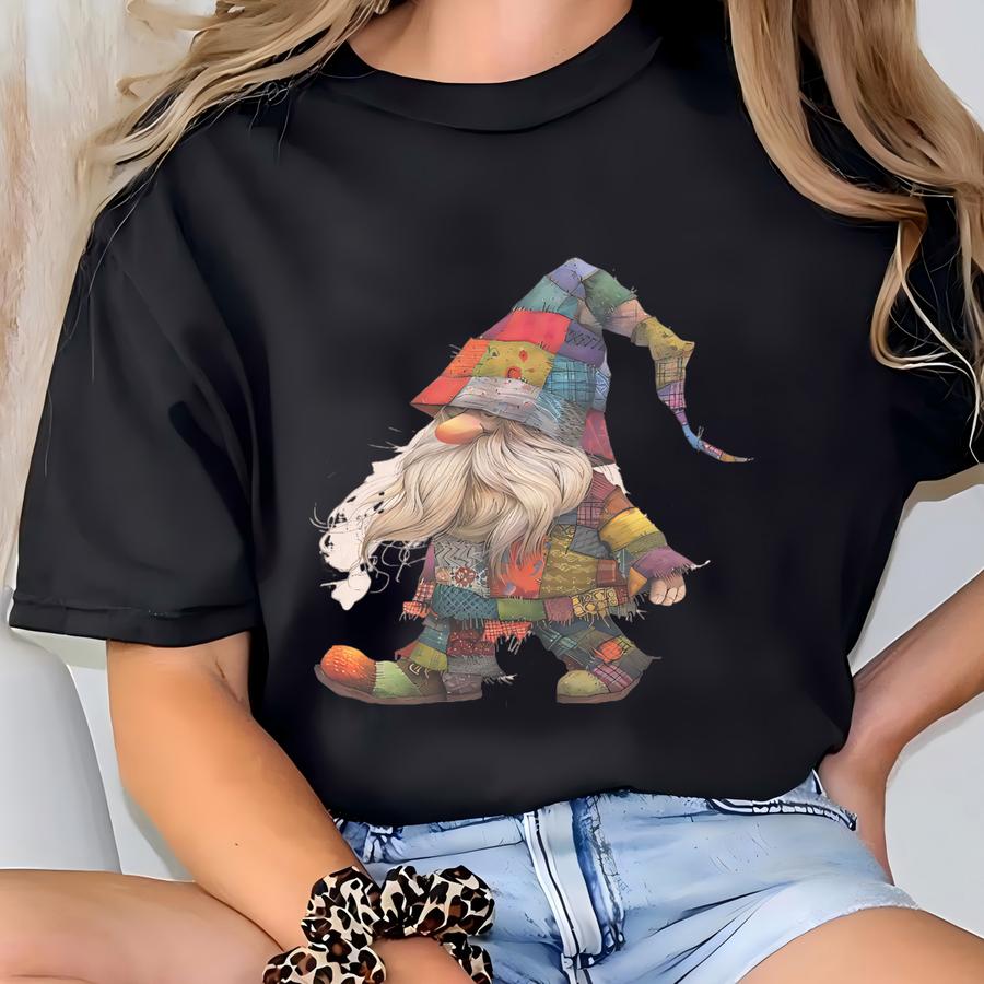 Colorful Patchwork Gnome Graphic Shirt Walking Gnome Illustration Art Tees Whimsical Fall Nordic Dwarf T Shirt Gift For Gnome Lovers T-shirt