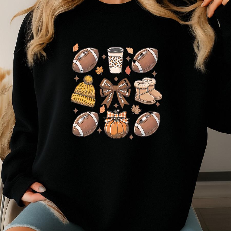 Fall Football Graphic Shirt Cute Pumpkin Coffee Cozy Boots Autumn Leaves Bow Beanie Trending Game Day Tee For Women Or Men Sweatshirt