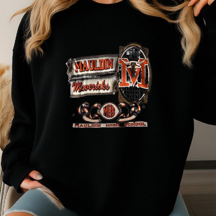 Vintage 90s Fruit Of The Loom Tag Mauldin Mavericks Highschool Big Logo Printed Sweatshirt Crewneck Color Grey Size X-large Sweatshirt