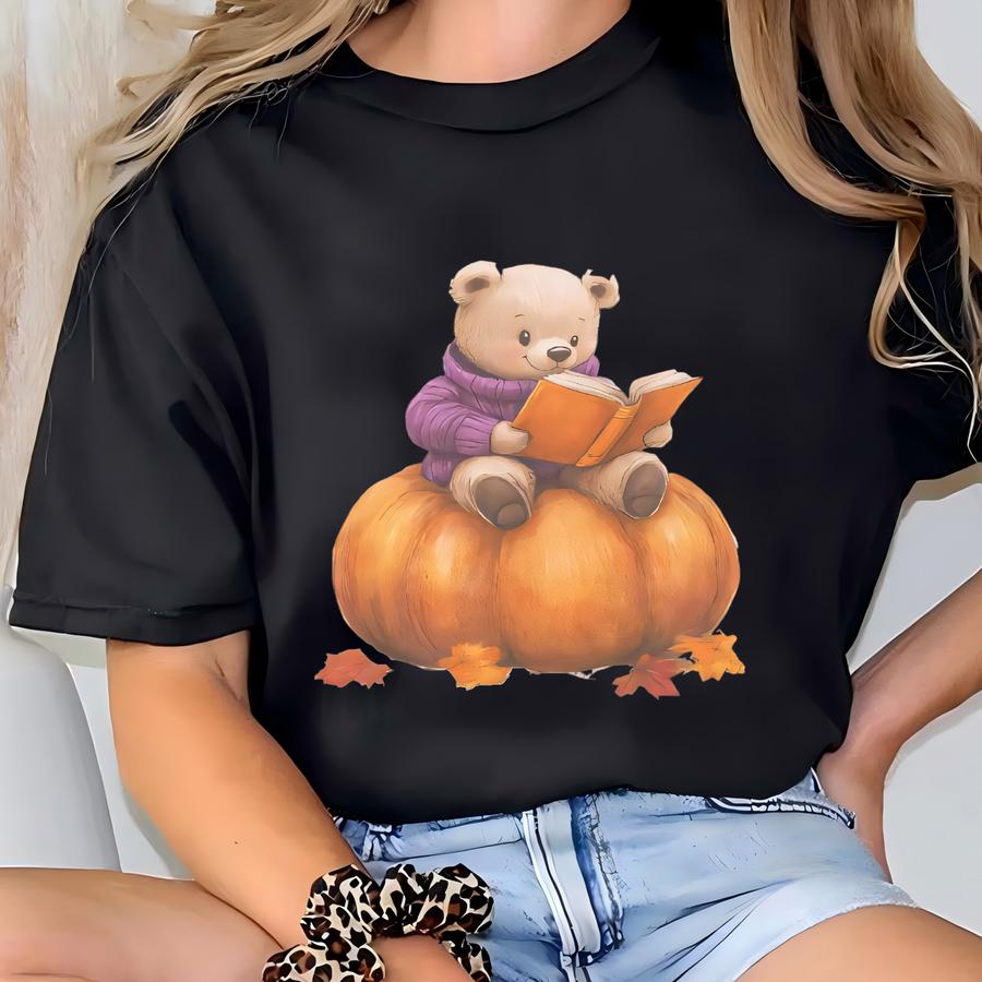 Cute Bear Reading Book On Pumpkin Shirt Fall Autumn Cozy Sweater Bear Graphic Tee Thanksgiving Book Lover Shirt Pumpkin Spice Shirt T-shirt