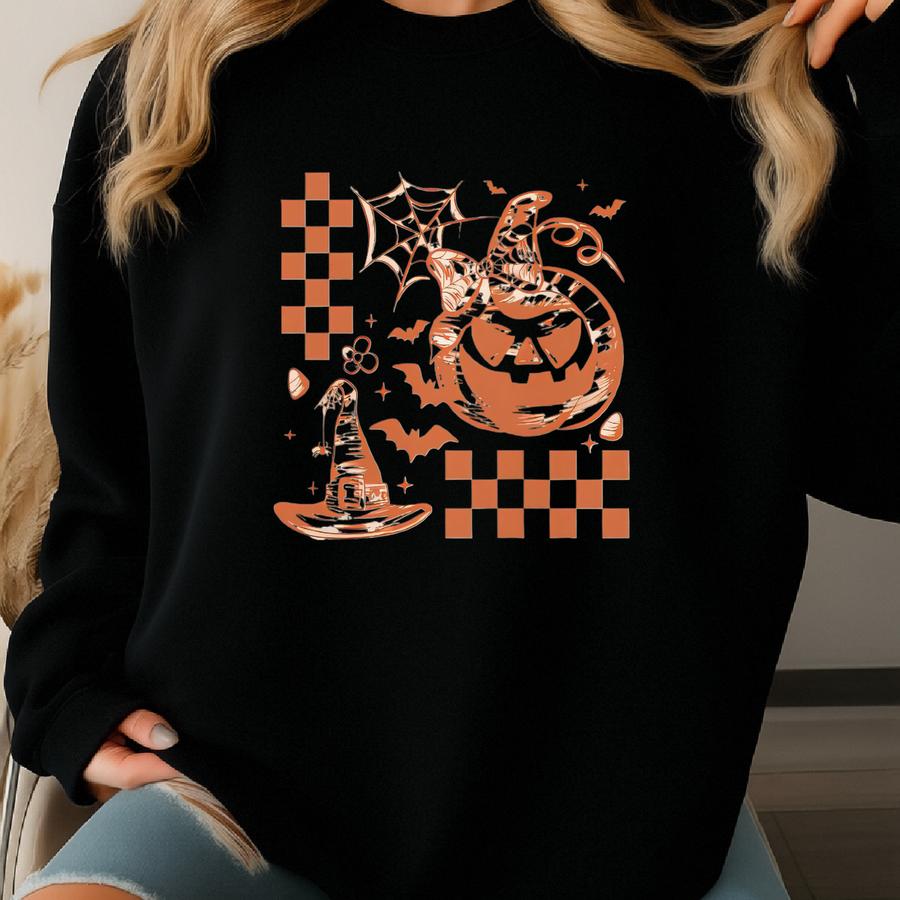 Halloween Pumpkin Witch Hat Long Sve Shirt Spooky Jack O Lantern Checkerboard Graphic Fall Sweatshirt Cute Halloween Top Sweatshirt