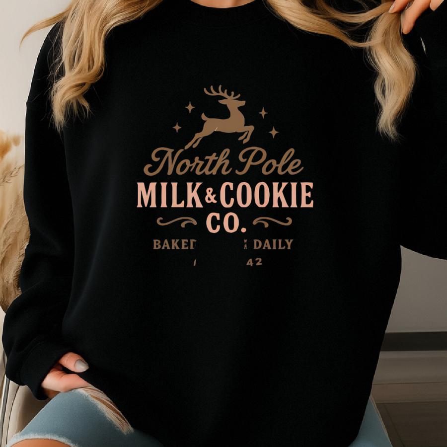 North Pole Milk And Cookie Co Christmas Reindeer Graphic Long Sve Shirt Holiday Bakery Design Baked Fresh Daily Since 1842 Sweatshirt