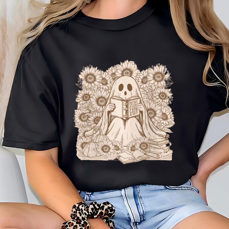 Ghost Reading Book Suower Shirt Spooky Season Pumpkin Aesthetic Graphic Long Sve Halloween Shirt Fall Cozy Book Lover Tee T-shirt