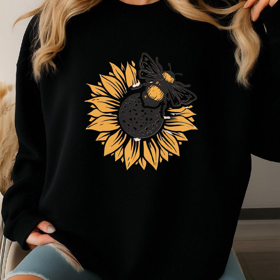 Suower Bee Graphic Shirt Long Sve Nature Flower Honeybee Garden Pollinator Art Tee Casual Botanical Floral Top Sweatshirt