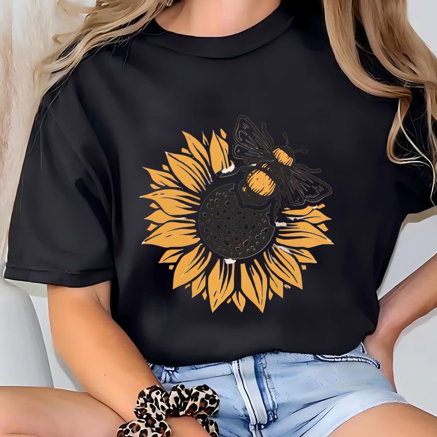 Suower Bee Graphic Shirt Long Sve Nature Flower Honeybee Garden Pollinator Art Tee Casual Botanical Floral Top T-shirt