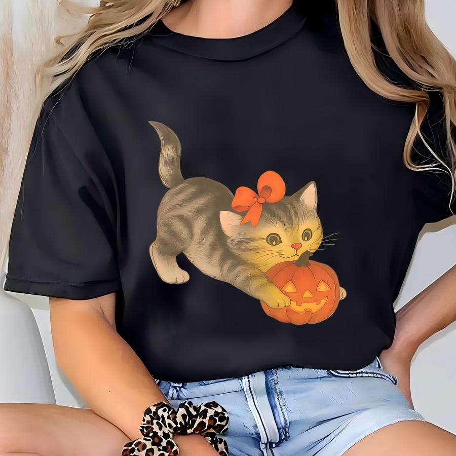 Cute Halloween Cat Shirt With Jack O Lantern Bow Playful Kitten Graphic Cozy Fall Holiday Sweatshirt Halloween Cat Lover Gift Tee T-shirt