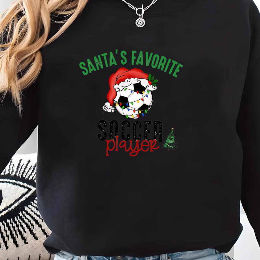 Personalized Santa's Favorite Soccer Player Sweatshirt, Custom Santa Hat Sweater, Christmas Lights Soccer Hoodie, School Sports Team Sweater Sweatshirt