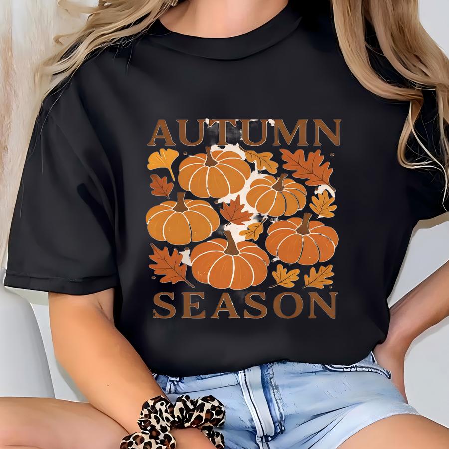 Autumn Season Shirt Fall Pumpkins Leaves Graphic Long Sve Tee Cozy Autumnal Top Thanksgiving Harvest Apparel Sweater T-shirt