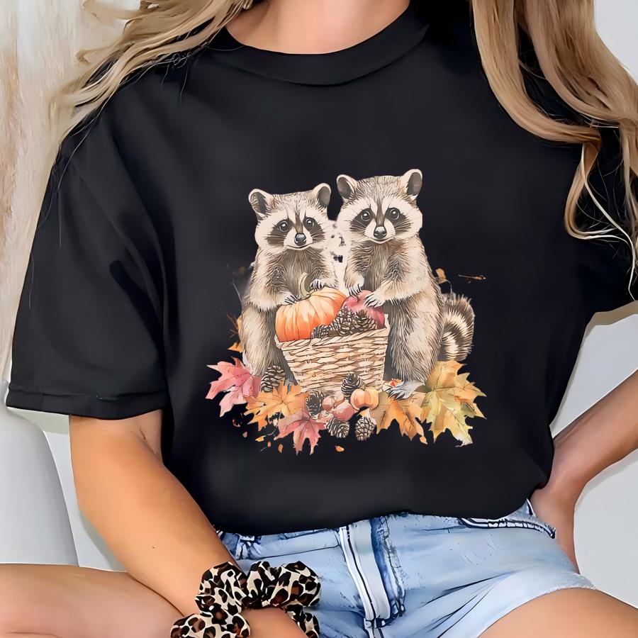 Fall Raccoons With Pumpkin Basket Autumn Leaves Woodland Animal Long Sve Shirt Cute Forest Wildlife Graphic Tee T-shirt