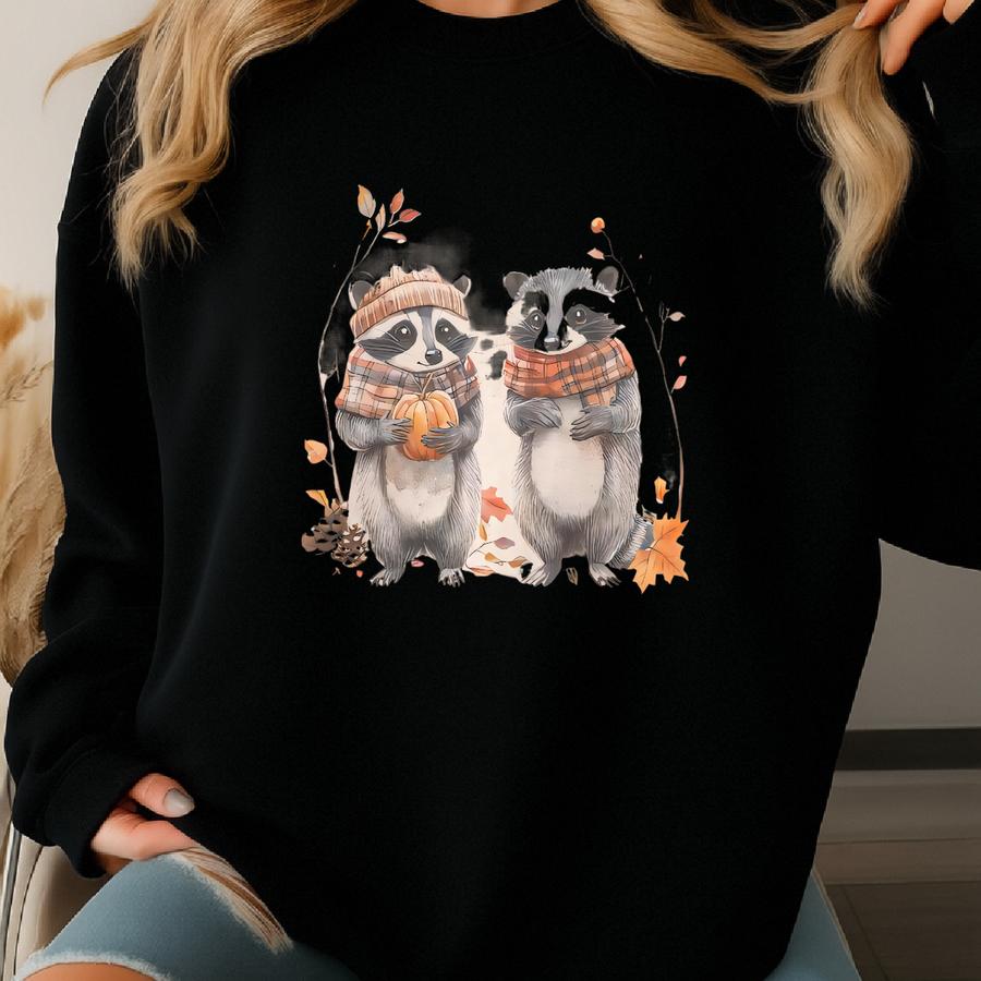 Fall Raccoon Shirt Autumn Forest Animal Long Sve Top Cozy Woodland Pumpkin Graphic Tee Cute Wildlife Plaid Scarf Sweater Sweatshirt