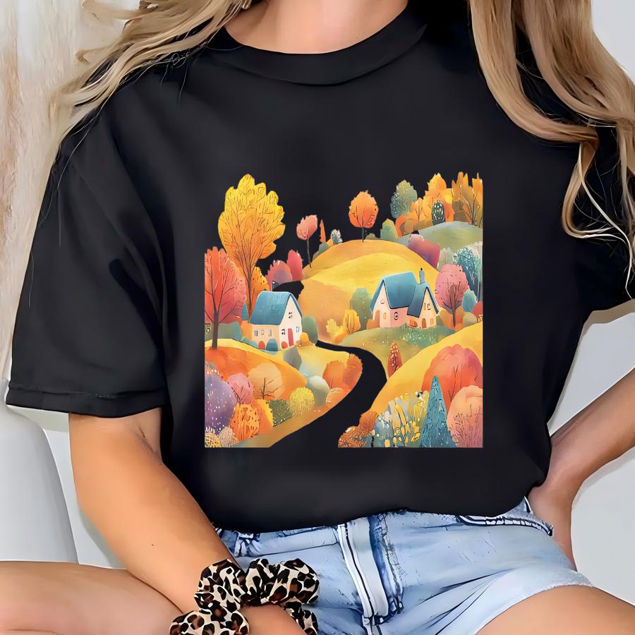 Autumn Hillside Cottage Art Long Sve Shirt Fall Landscape Painting Countryside Nature Graphic Tee Cozy Scenic Top Gift T-shirt