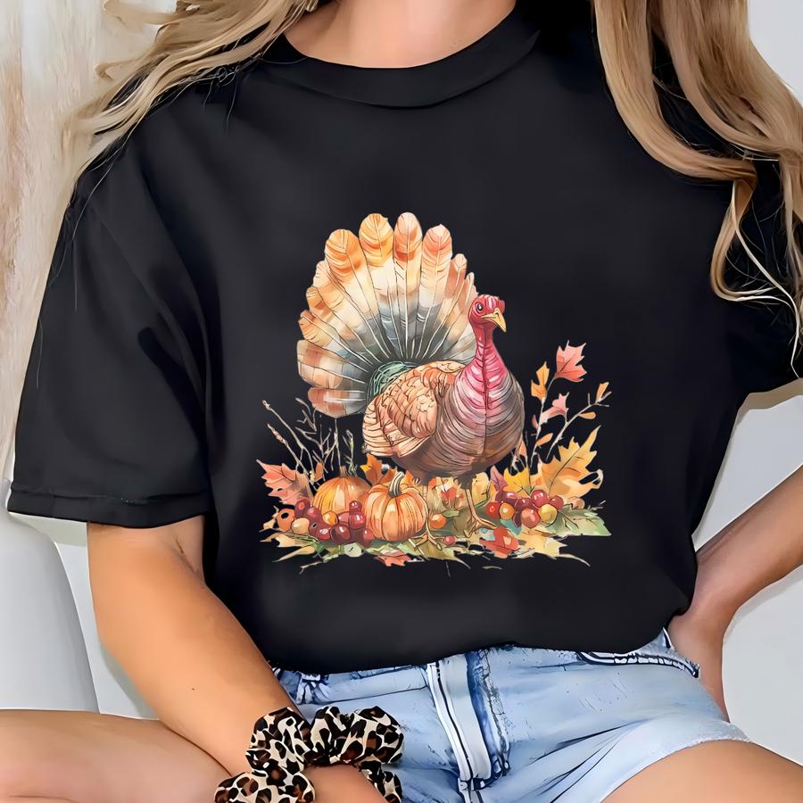 Thanksgiving Turkey Fall Pumpkins Leaves Cute Holiday Graphic Shirt Autumn Seasonal Watercolor Art Long Sve Tee For Thanksgiving T-shirt